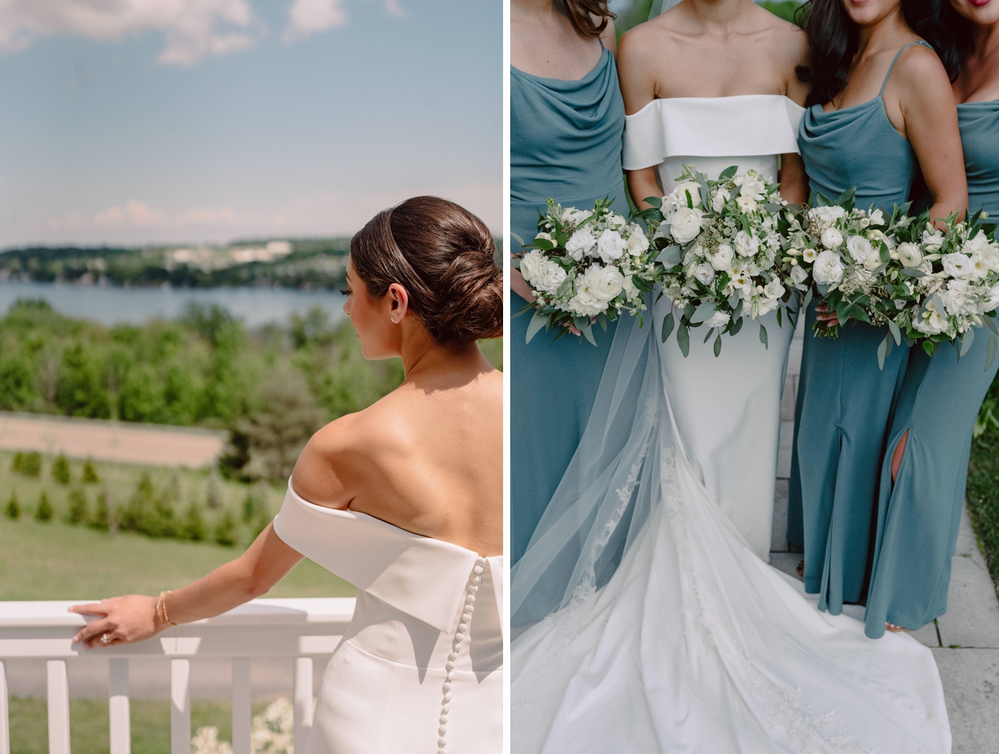 Bride in a crepe off the shoulder gown from Lovely Bride Rochester