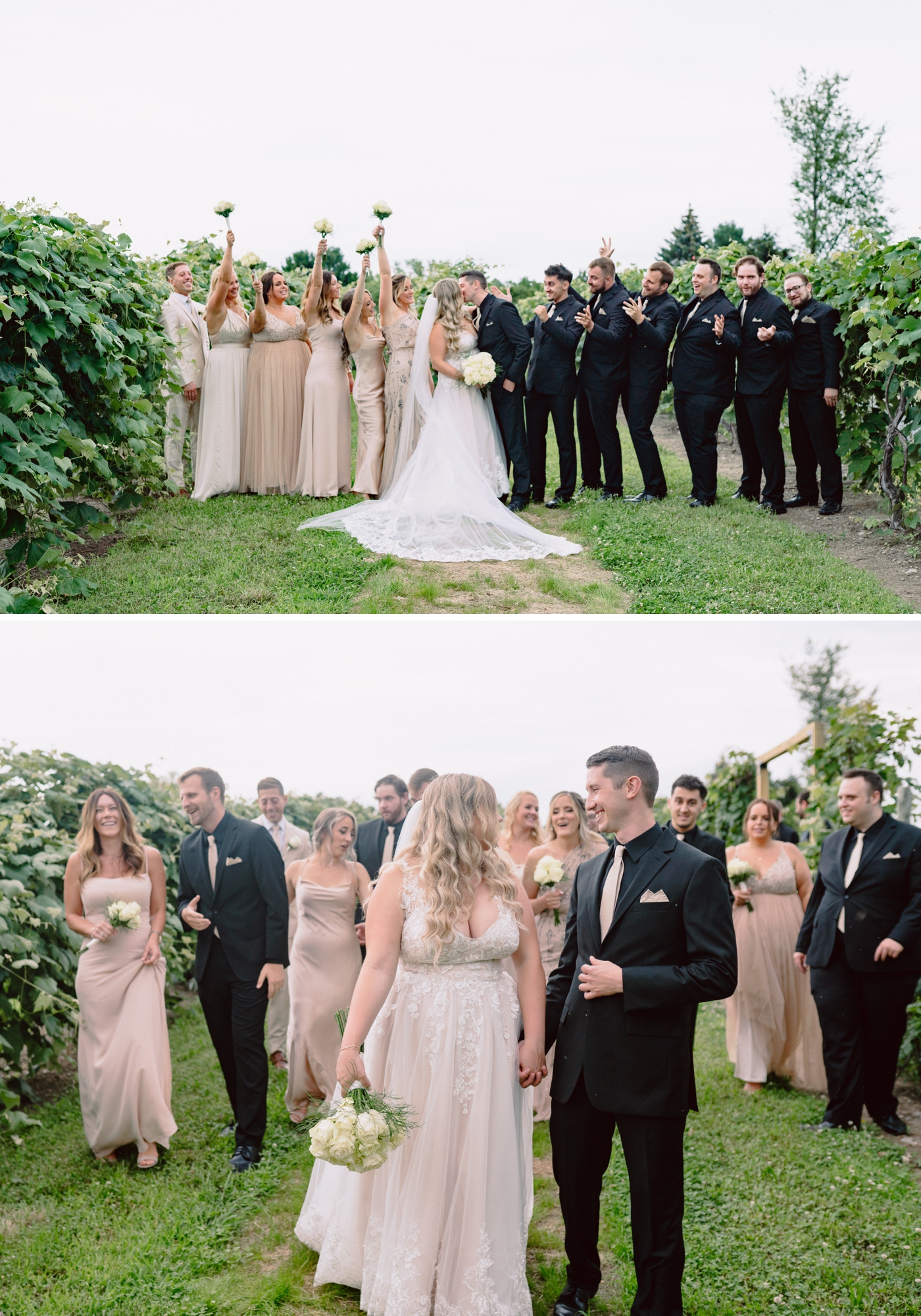 Champagne and gold bridesmaids dress with white rose bouquets