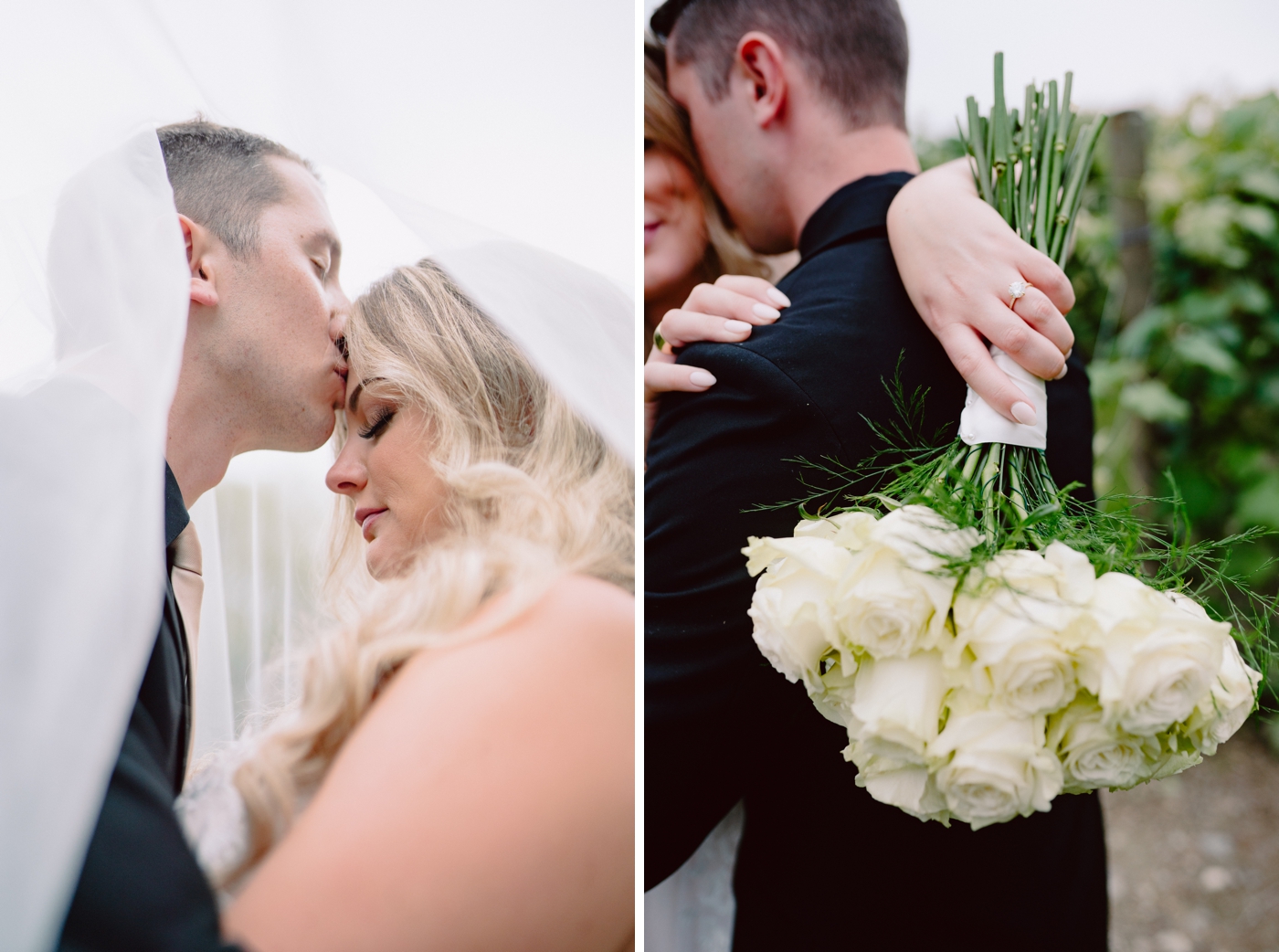 Bride in a lace gown with all white rose bouquet