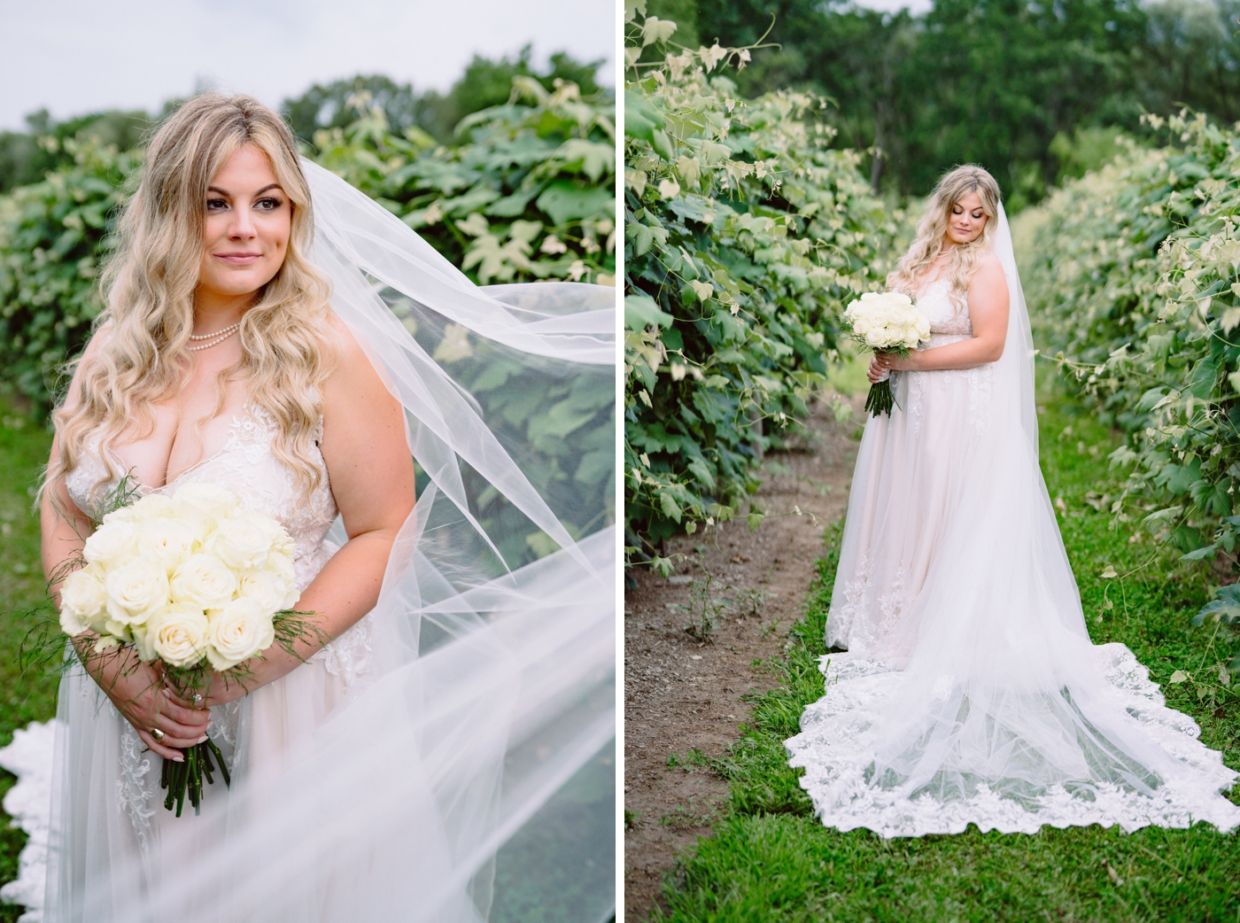 Bride in a lace gown with all white rose bouquet