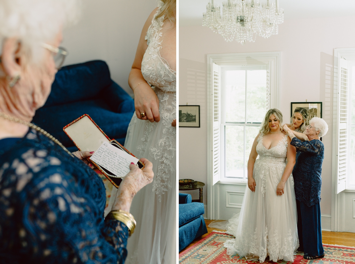 Grandmother giving the bride a vintage pearl necklace