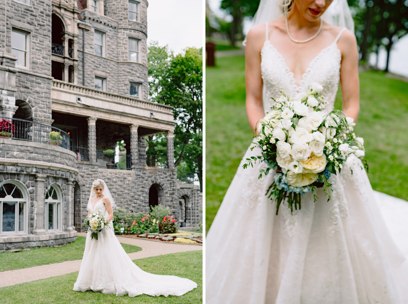 Bride in a lace ballgown with rose and hydrangea bouquet