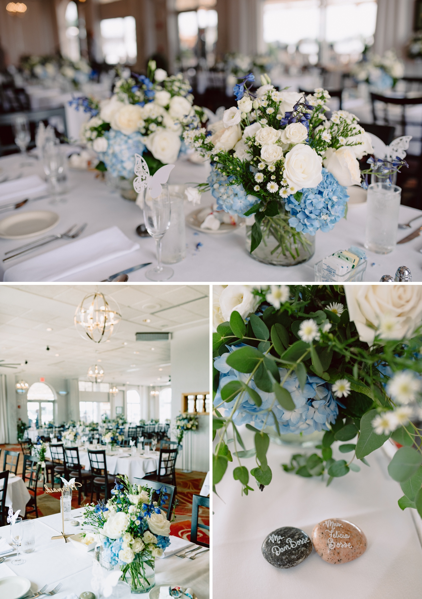 Blue and white wedding reception at RiverEdge Resort Alexandria Bay