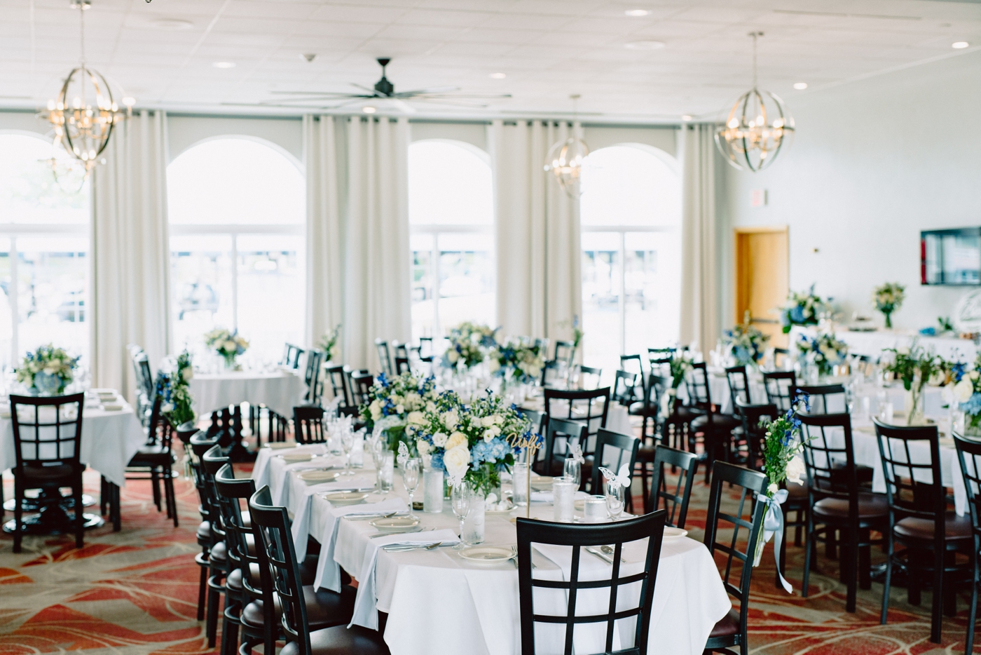 Blue and white wedding reception at RiverEdge Resort Alexandria Bay