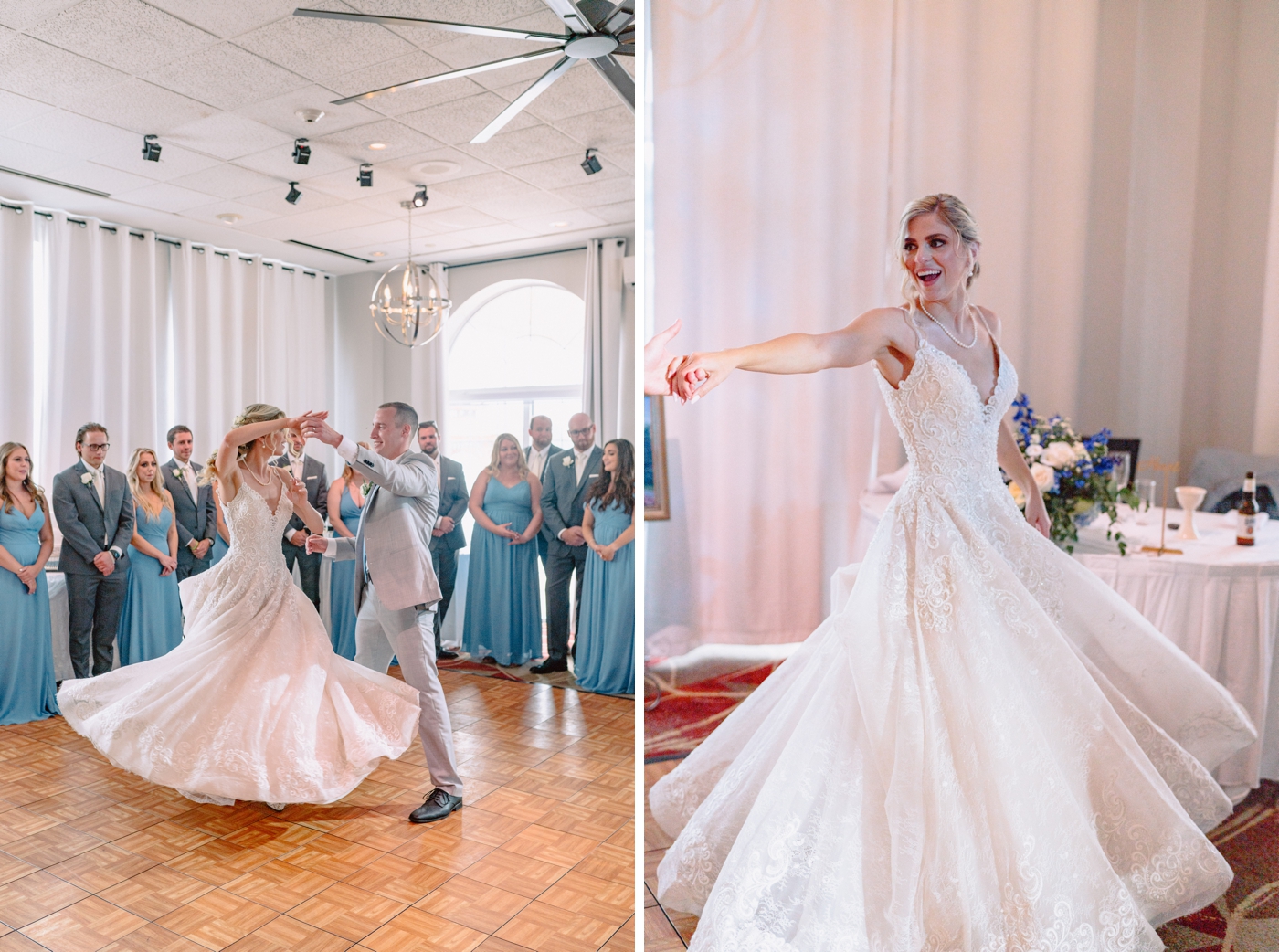 Blue and white wedding reception at RiverEdge Resort Alexandria Bay