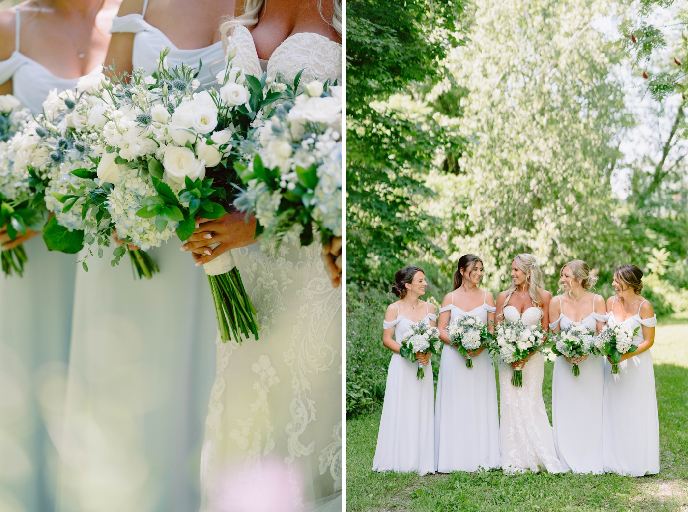 Bridal bouquet with all white roses, babies breath, soft blue hydrangeas, blue thistle, and greenery