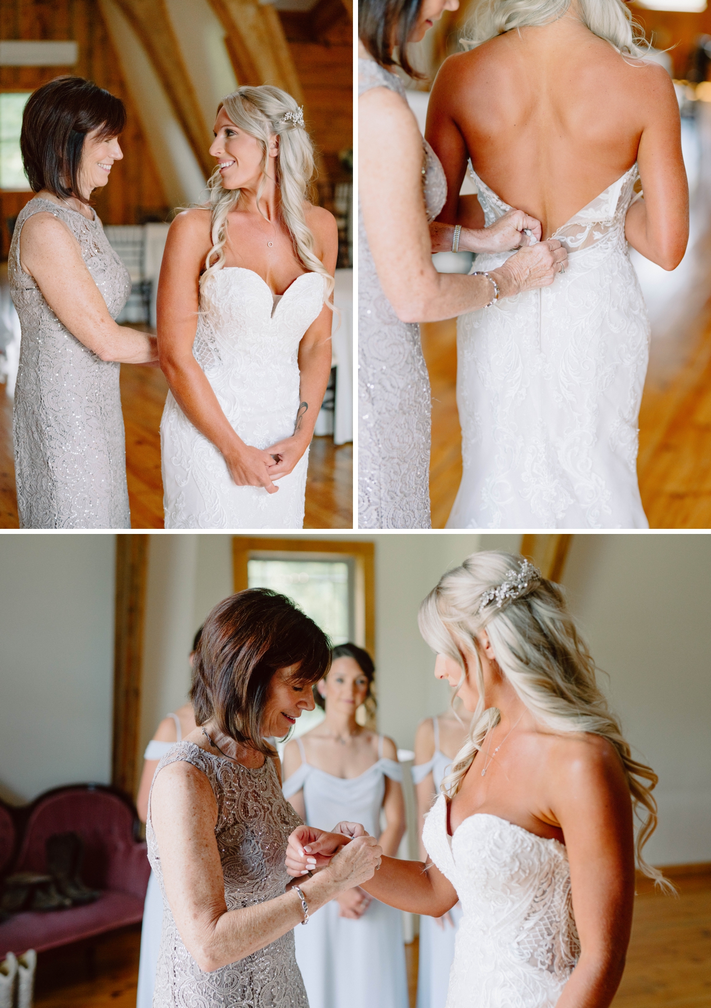 Mother helping her daughter put on her wedding dress