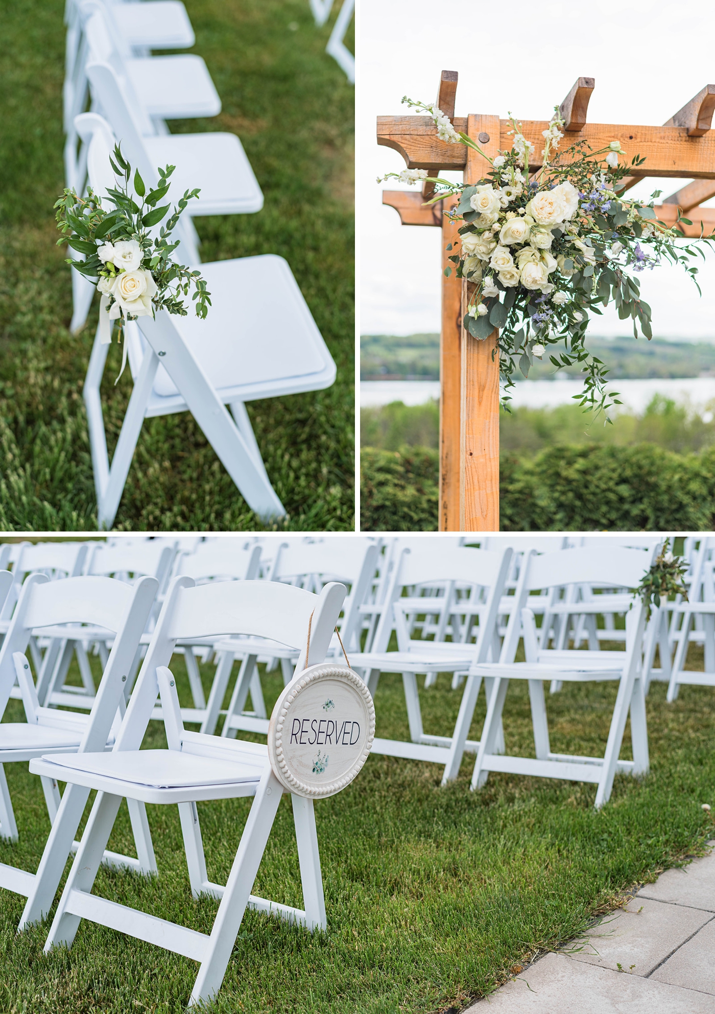 White folding chairs and a wooden chuppah with blue and white florals for a spring outdoor wedding ceremony