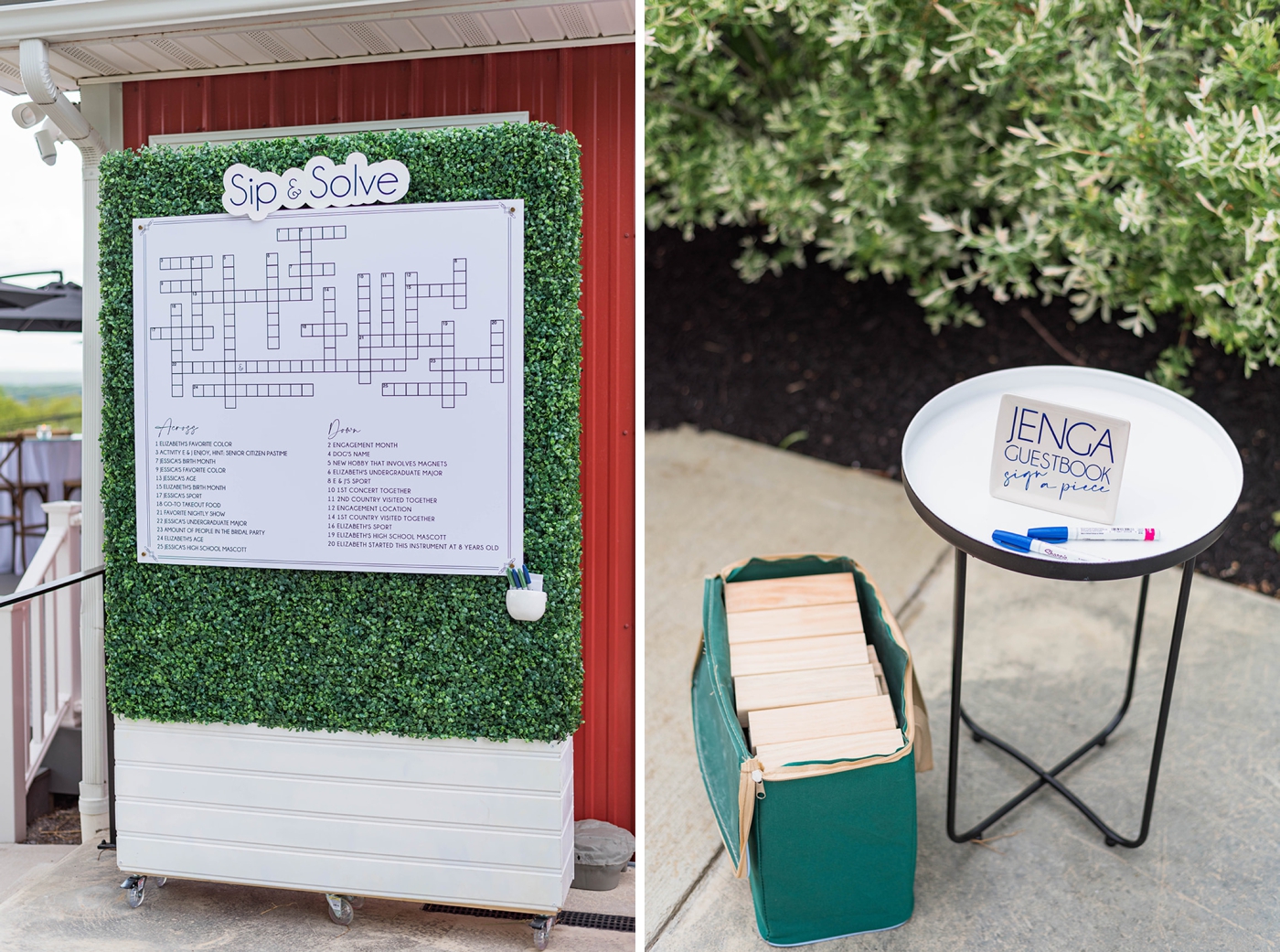 Jenga guestbook and a crossword puzzle with trivia about the couple at a wedding reception
