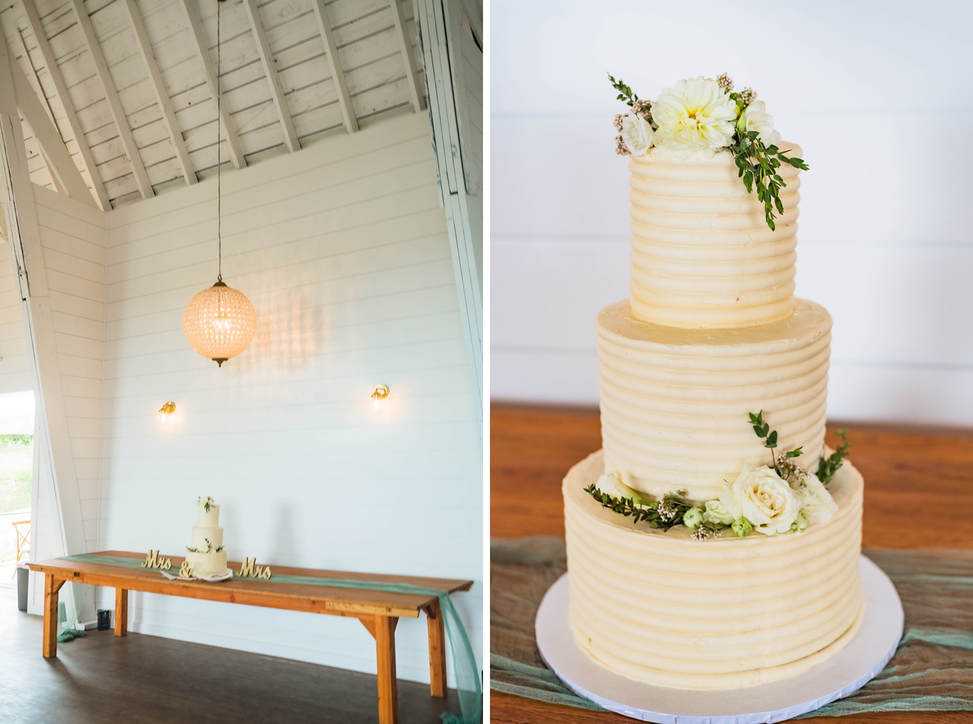 Cake with ribbed buttercream icing, cream florals, and greenery for a spring wedding