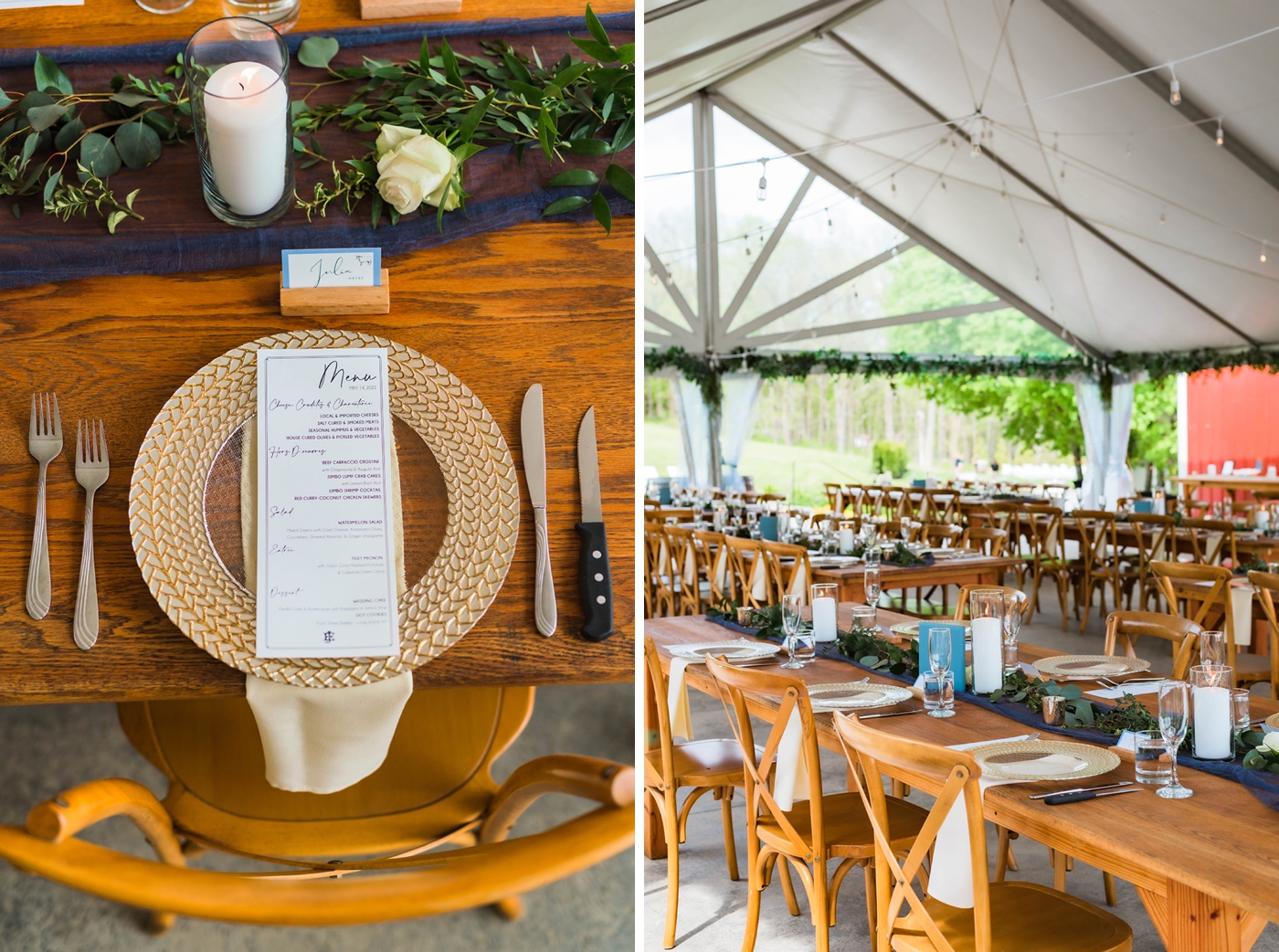Farm tables, navy gauze runners, white pillar candles, and greenery for a spring wedding reception
