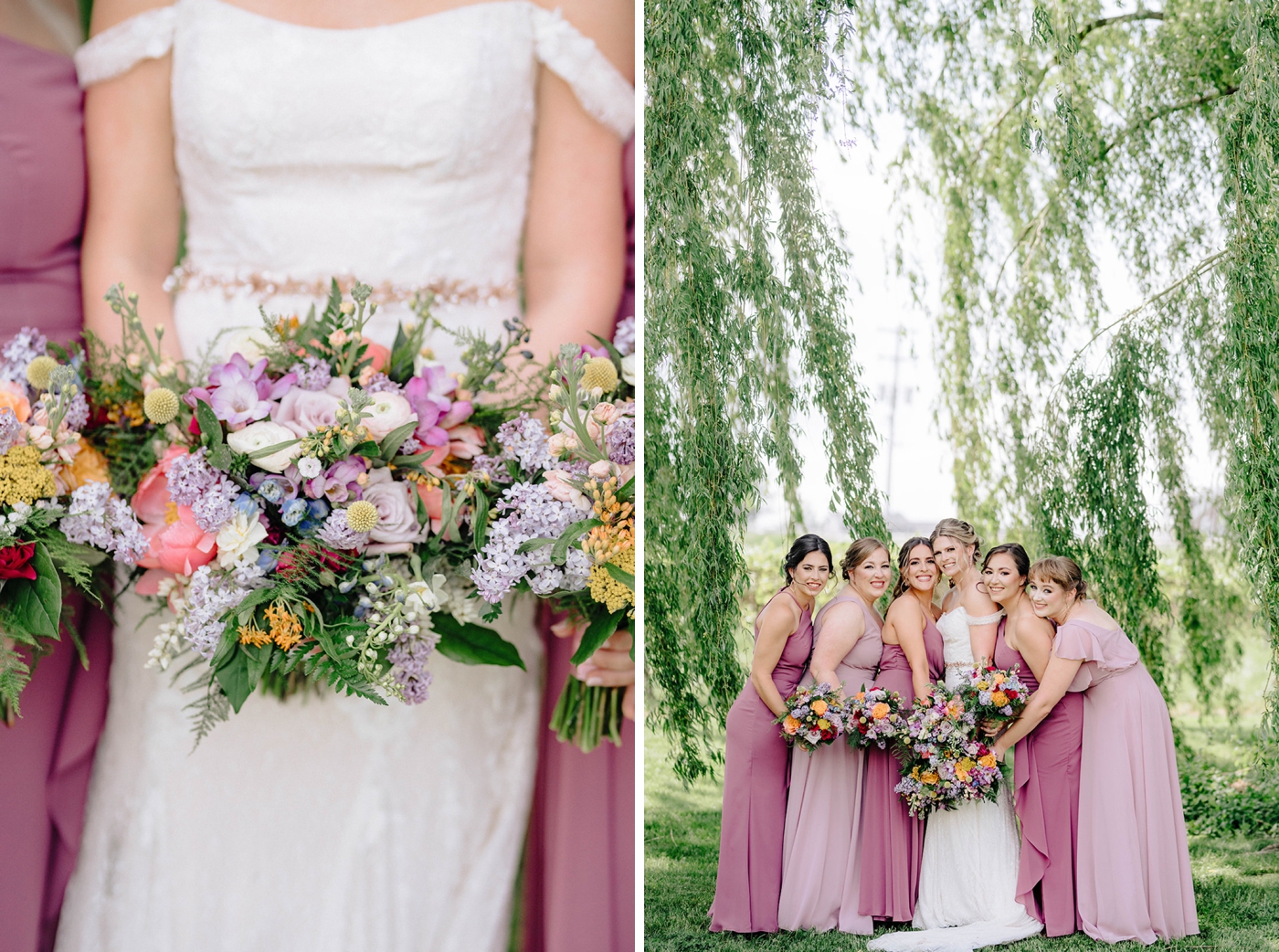 Bridal bouquet filled with lavender roses, lilacs, and pink peonies by Foote Florals