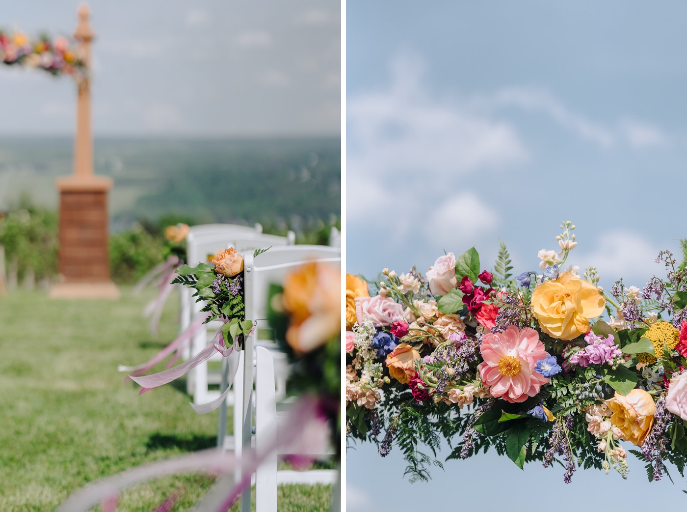 White folding chairs, a wooden archway, and pink and orange florals for a spring wedding ceremony