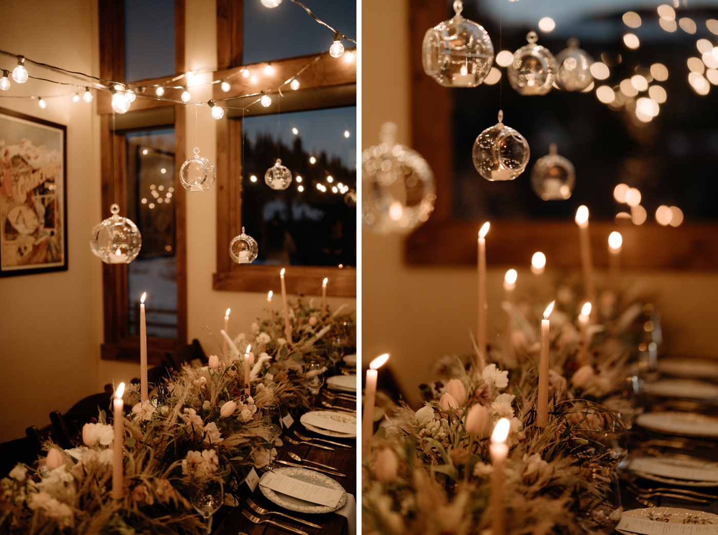 Pampas grass, roses, taper candles, and cafe lights for an intimate post-wedding dinner