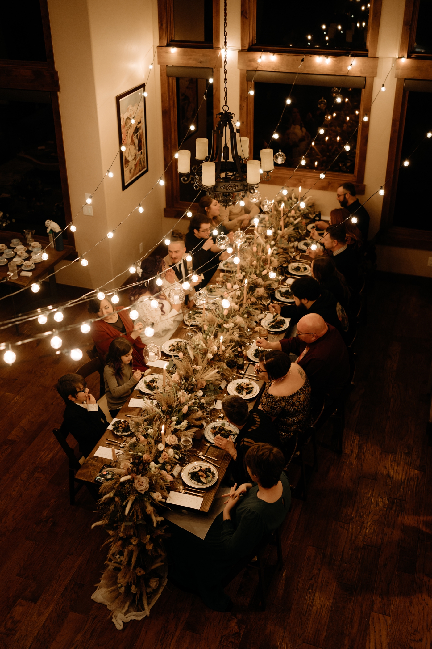 Intimate dinner at a rented mountain home after a wedding in Breckenridge