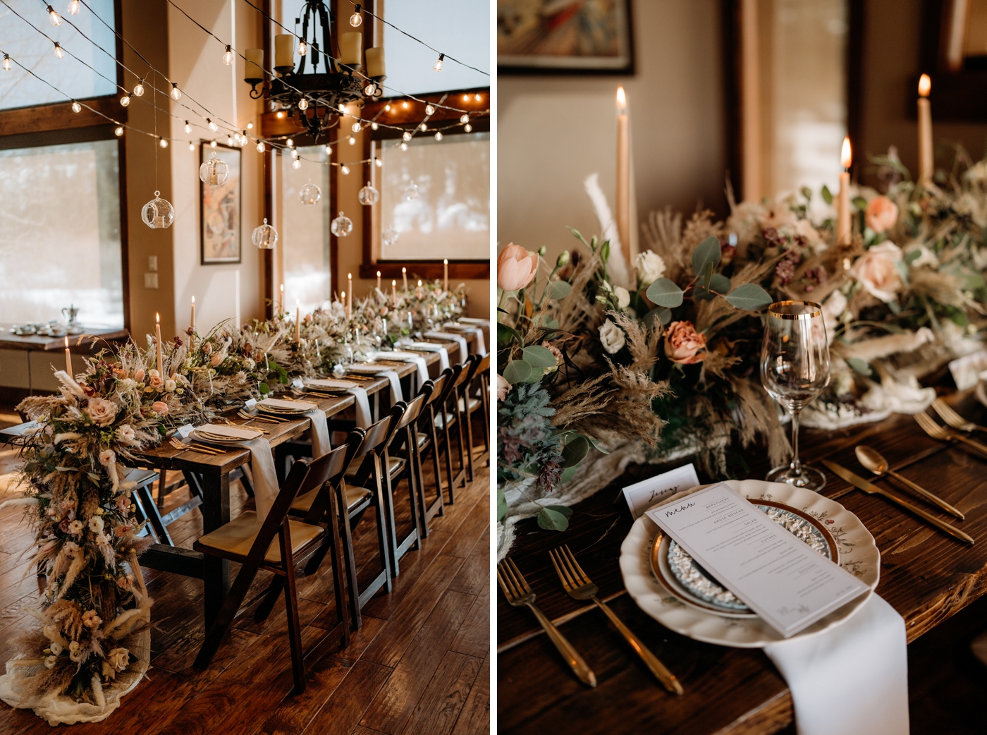 Pampas grass, roses, taper candles, and cafe lights for an intimate post-wedding dinner