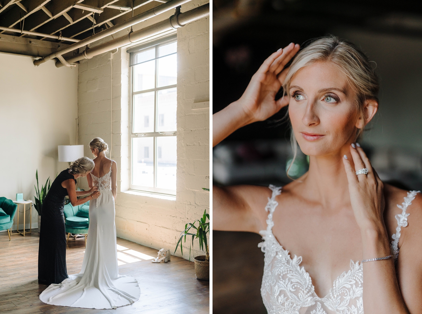 Bride in a sleeveless wedding gown with an A-line skirt and lace bodice from Two Hearts Bridal Shop