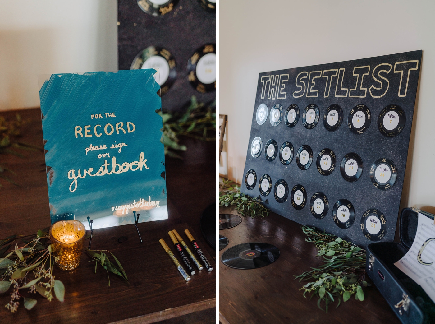 Music-themed seating chart and guestbook at a punk-inspired wedding