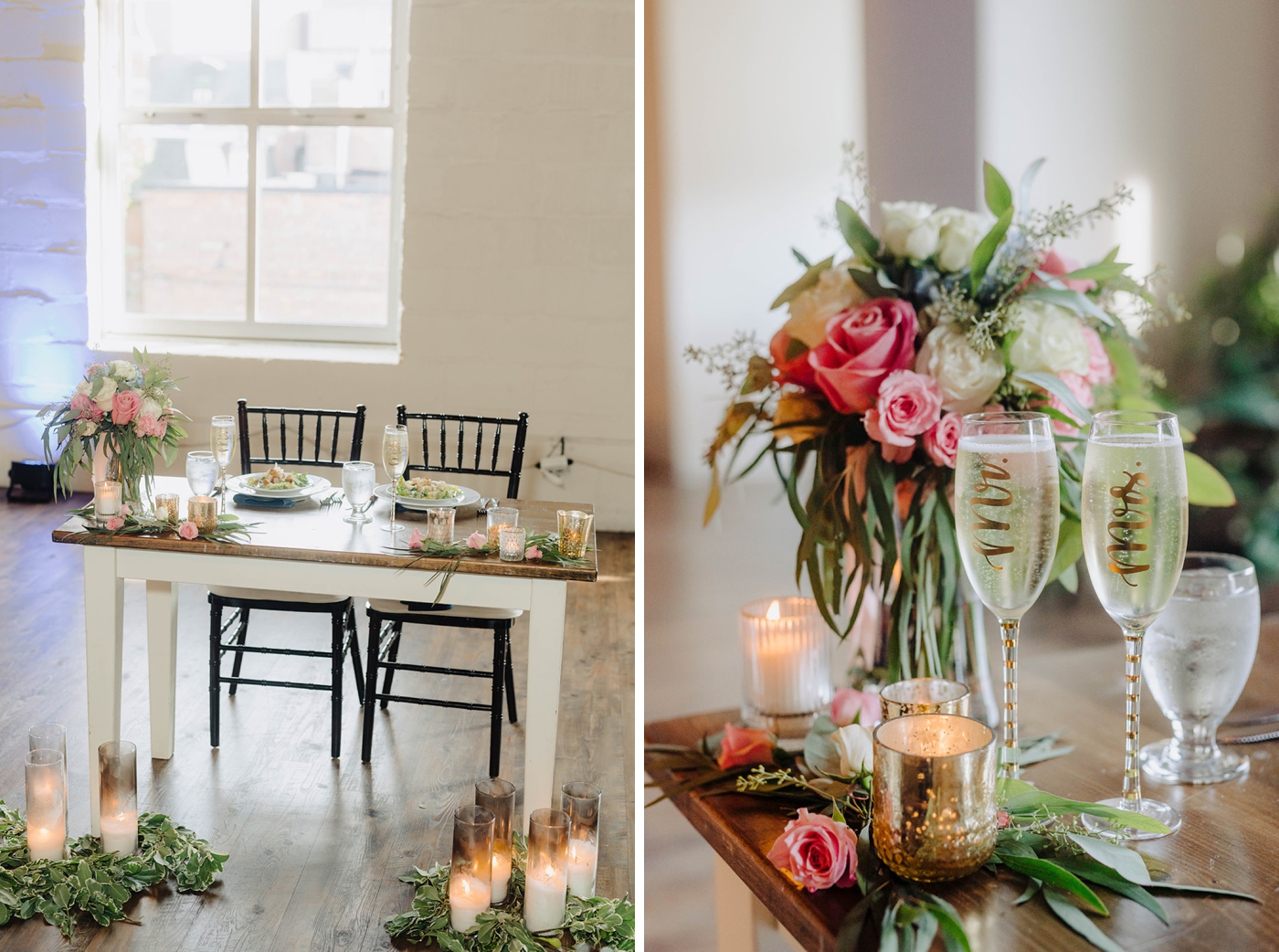 Floating candles, cafe lights, and greenery at an industrial-chic wedding reception