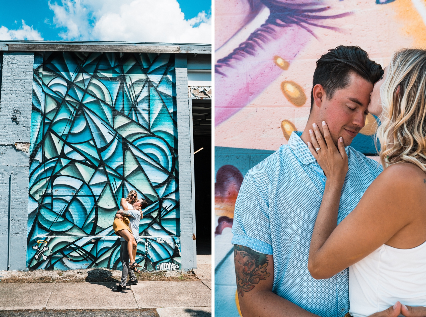 Bride and groom posing in front of street art for their engagement session