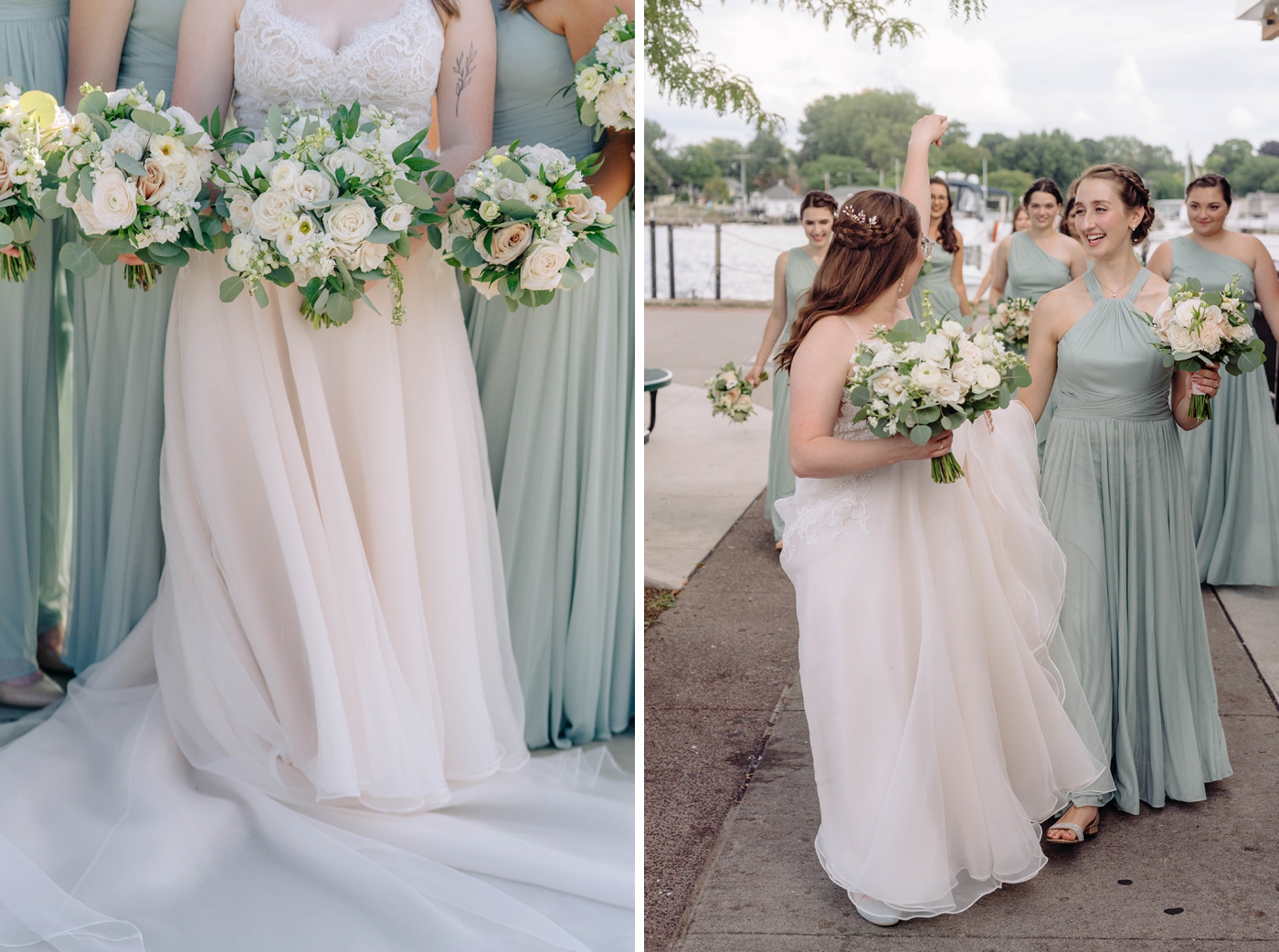 White bridal bouquets with roses, zinnias, and delphinium by Foote Florals