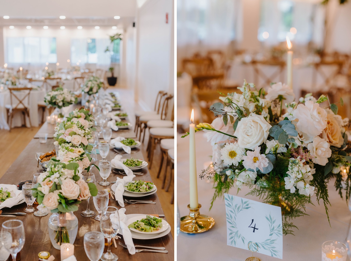 Floral centerpiece with roses, delphinium, and eucalyptus by Foote Florals