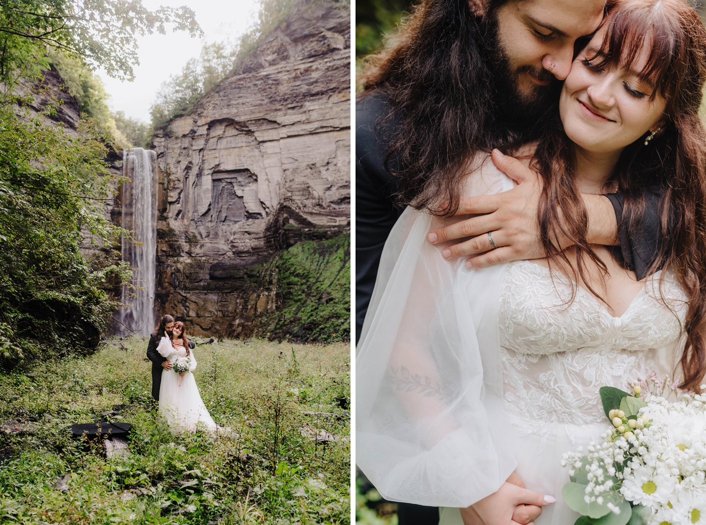 Bride and groom adventure session at a waterfall in Upstate New York