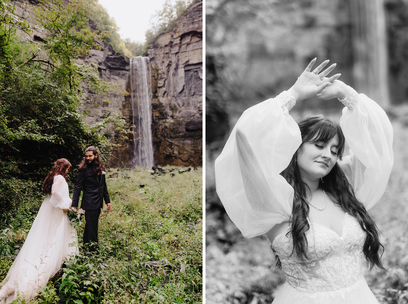 Bride in a lace wedding gown with puffed sleeves and sweetheart neckline by David's Bridal