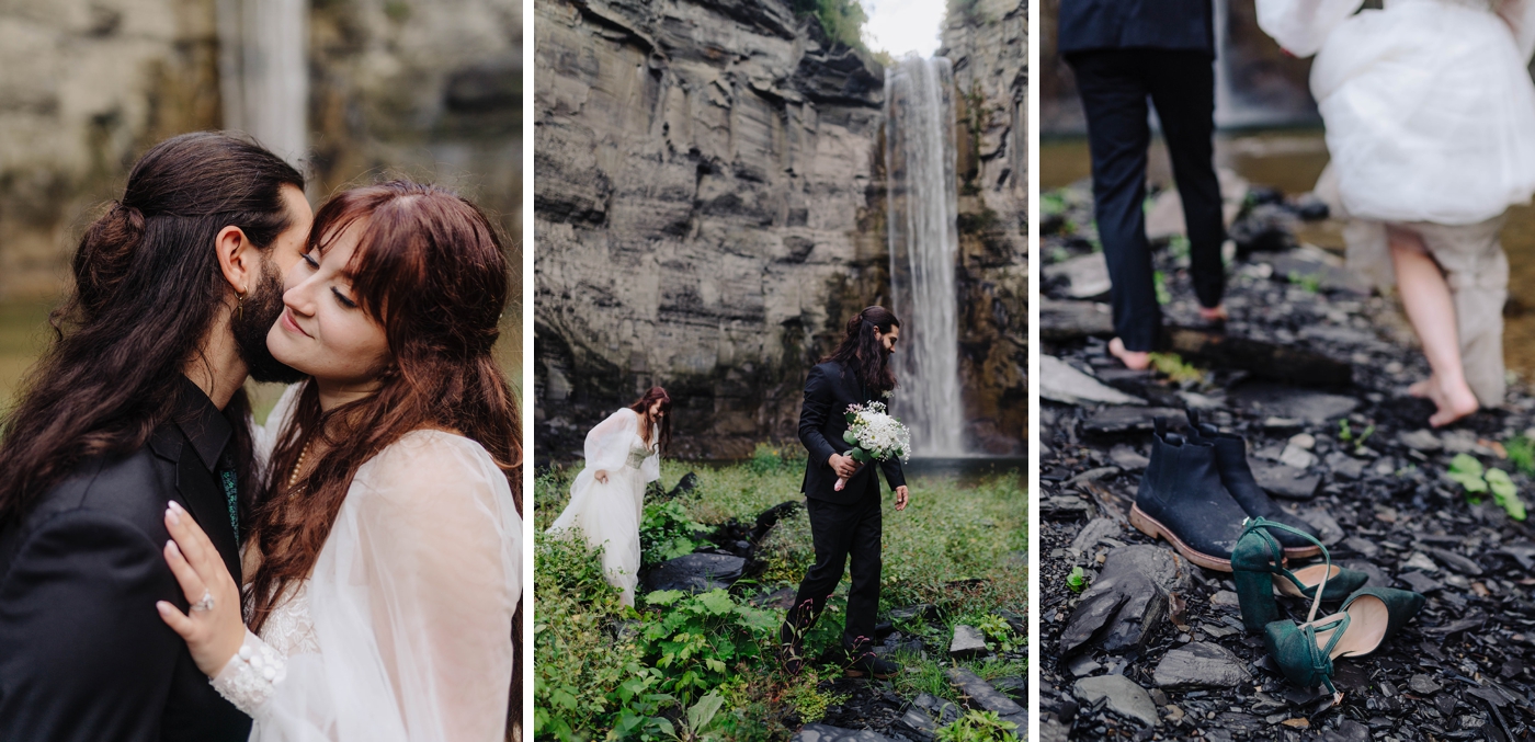 Bride and groom adventure session at a waterfall in Upstate New York