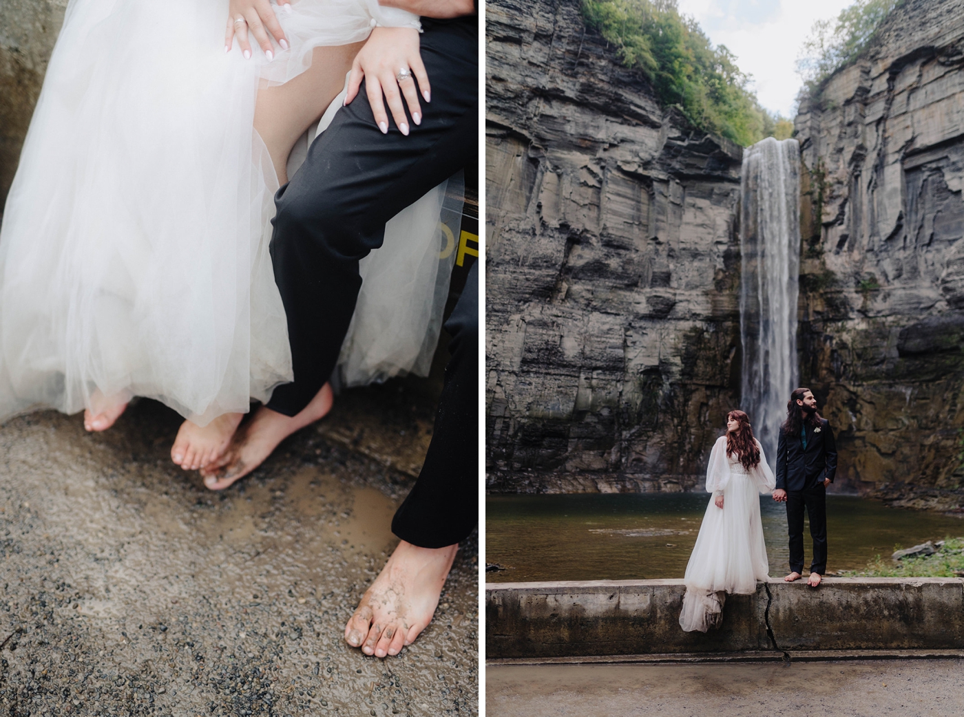Bride and groom adventure session at a waterfall in Upstate New York