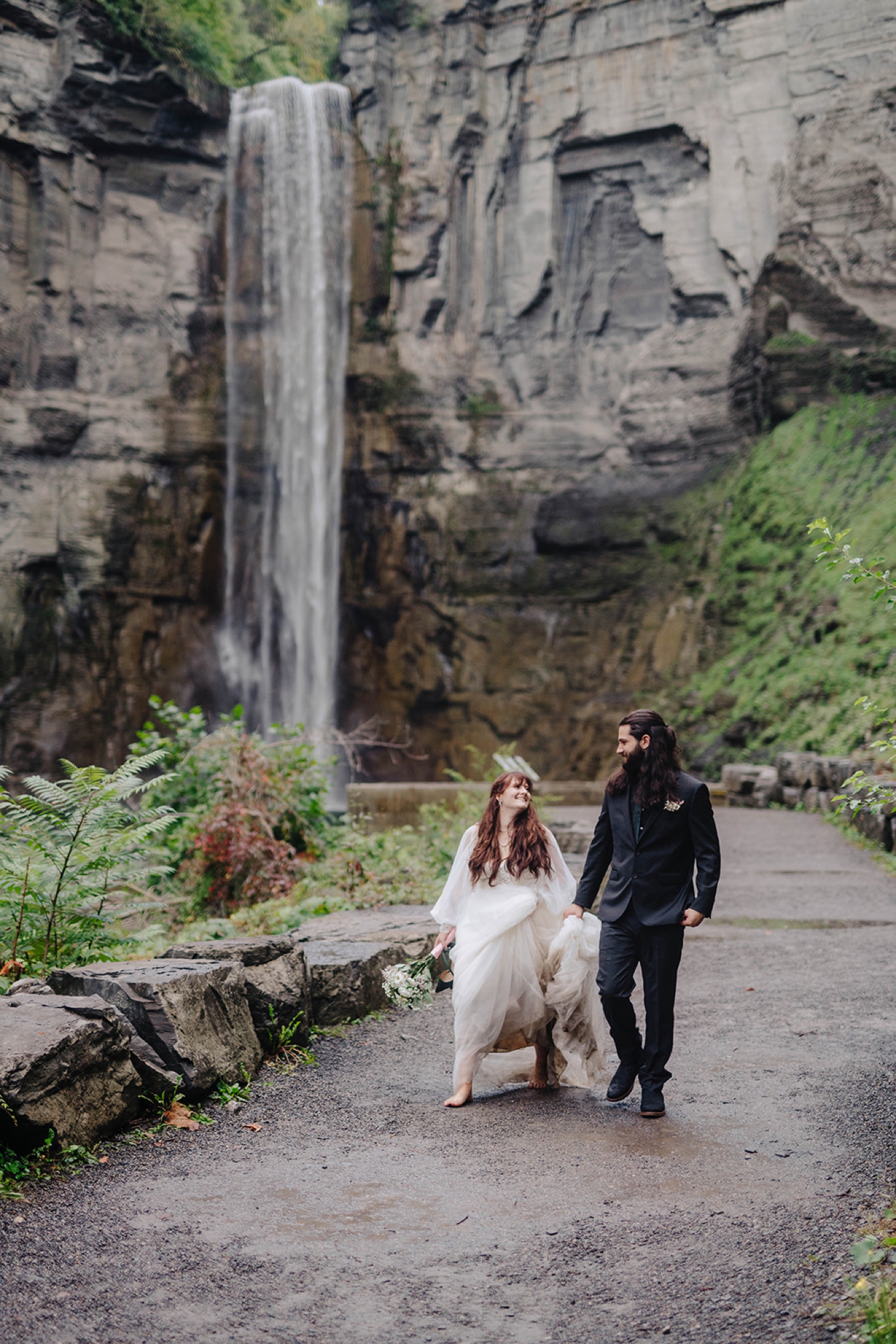 Bride and groom adventure session at a waterfall in Upstate New York